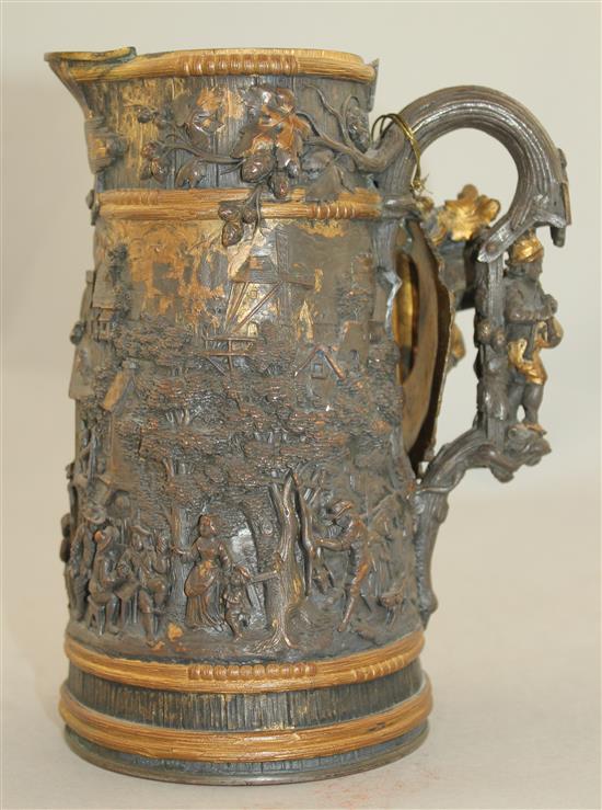 A late 19th century Dutch mixed metal tankard and oval tray, 9in.